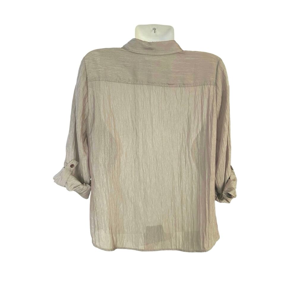 Chico's Women's Tan Button-Up Roll Sleeve Semi-Sheer Blouse Career SZ 2 L/12 - Picture 2 of 9